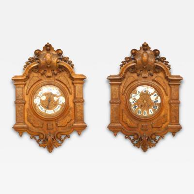 Pair of English Victorian Walnut Wall Clock Barometer