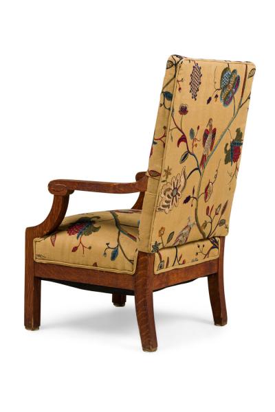 Pair of English oak Arts Crafts Floral Upholstered Armchairs