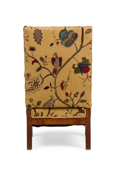 Pair of English oak Arts Crafts Floral Upholstered Armchairs