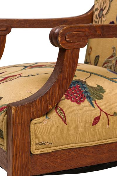 Pair of English oak Arts Crafts Floral Upholstered Armchairs
