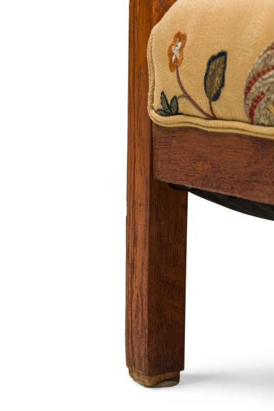 Pair of English oak Arts Crafts Floral Upholstered Armchairs