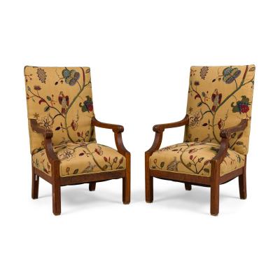 Pair of English oak Arts Crafts Floral Upholstered Armchairs