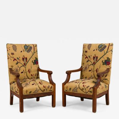 Pair of English oak Arts Crafts Floral Upholstered Armchairs
