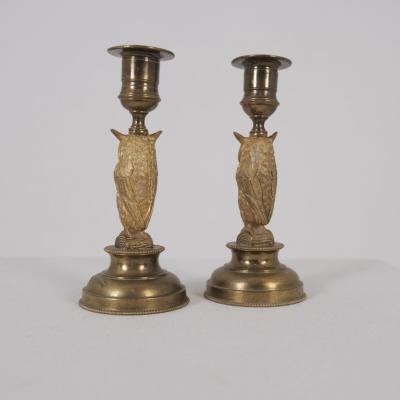 Pair of European Jugend Owl Figurine Candle Holders in Bronze Late 19th Century