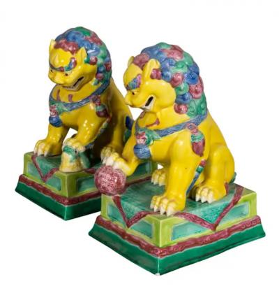 Pair of European Porcelain Figures of Chinese Guardian Lions