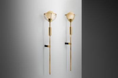 Pair of Extra Large Brass and Opal Glass Wall Lamps Europe 1960s