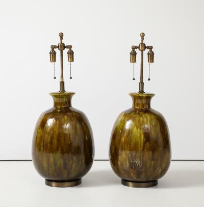 Pair of Extra Large Ceramic Lamps with a Wonderful Moss Colored Glaze 