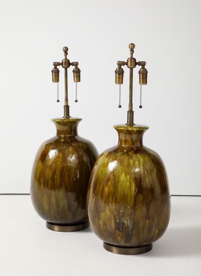 Pair of Extra Large Ceramic Lamps with a Wonderful Moss Colored Glaze 