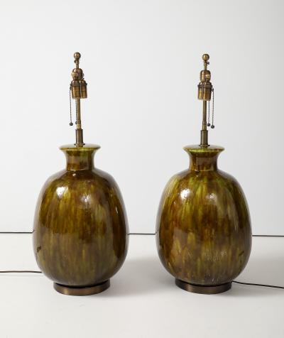 Pair of Extra Large Ceramic Lamps with a Wonderful Moss Colored Glaze 