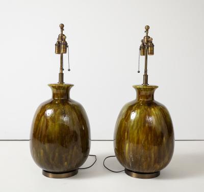 Pair of Extra Large Ceramic Lamps with a Wonderful Moss Colored Glaze 