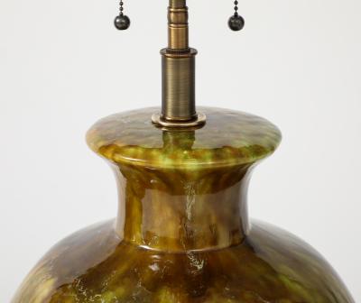 Pair of Extra Large Ceramic Lamps with a Wonderful Moss Colored Glaze 
