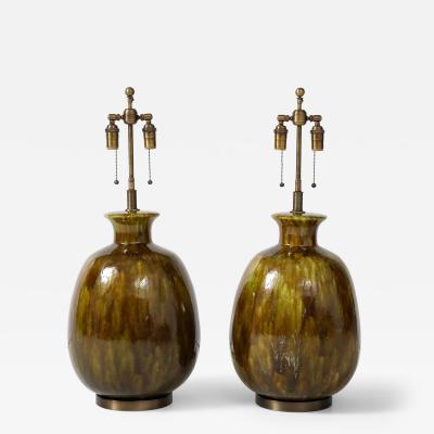 Pair of Extra Large Ceramic Lamps with a Wonderful Moss Colored Glaze 