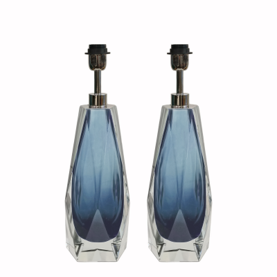 Pair of Faceted Gray Blue Murano Glass Table Lamps Medium