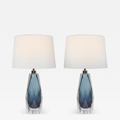 Pair of Faceted Gray Blue Murano Glass Table Lamps Medium
