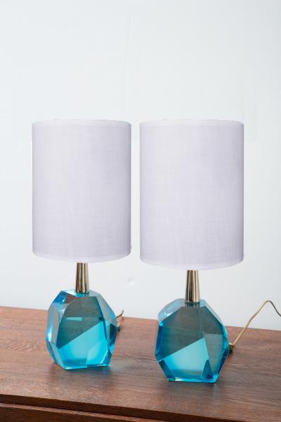 Pair of Faceted Murano Translucent Turquoise Glass Table Lamps in Stock