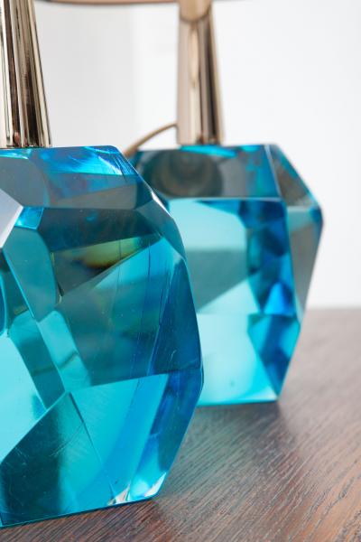 Pair of Faceted Murano Translucent Turquoise Glass Table Lamps in Stock