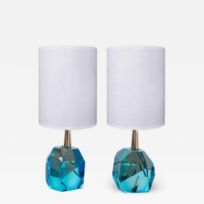 Pair of Faceted Murano Translucent Turquoise Glass Table Lamps in Stock