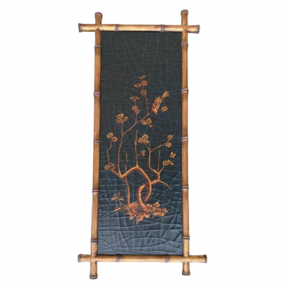Pair of Faux Bamboo Hand Painted Black Gold Chinoiserie Panels