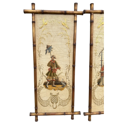 Pair of Faux Bamboo Hand Painted Chinoiserie Panels