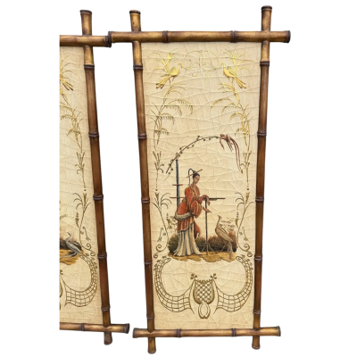 Pair of Faux Bamboo Hand Painted Chinoiserie Panels