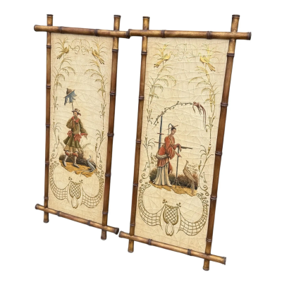 Pair of Faux Bamboo Hand Painted Chinoiserie Panels