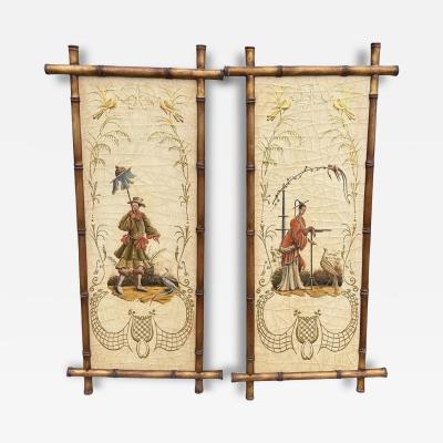 Pair of Faux Bamboo Hand Painted Chinoiserie Panels