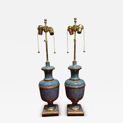 Pair of Faux Blue Marble Giltwood Designer Lamps