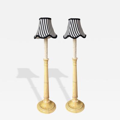 Pair of Faux Ivory Candlestick Table Lamps W Parisian Striped Shades