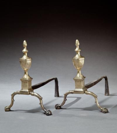 Pair of Federal Engraved Brass Andirons
