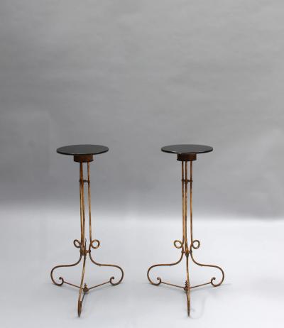 Pair of Fine French 1940s Wrought Iron and Black Opaline Pedestal Stands
