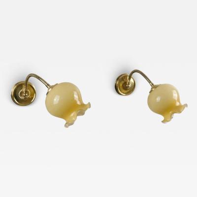 Pair of Finnish Design Wall Lamps Brass and Adjustable Glass Flower Bud Shades