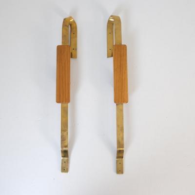 Pair of Finnish Mid Century Design Door Pulls in Brass Wood 1950s