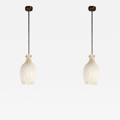 Pair of Fluted Urn Form Murano White Glass Pendants with Antiqued Brass Fittings