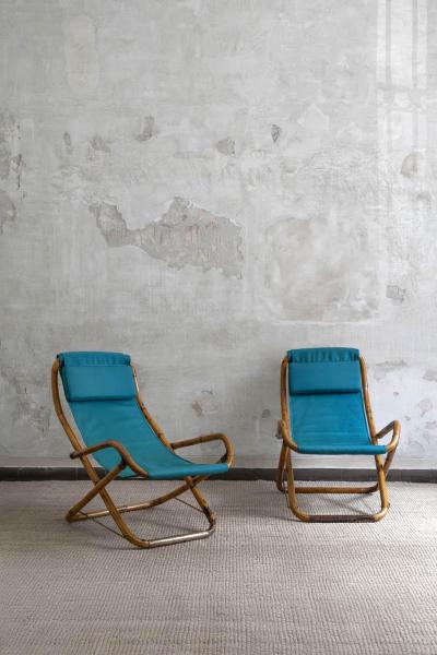 Pair of Foldable Reclining Armchairs In Curved Bamboo Italy 1970s