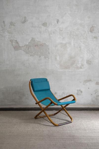 Pair of Foldable Reclining Armchairs In Curved Bamboo Italy 1970s