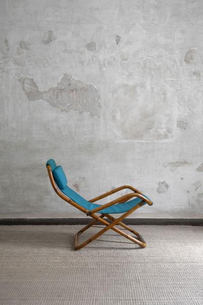 Pair of Foldable Reclining Armchairs In Curved Bamboo Italy 1970s