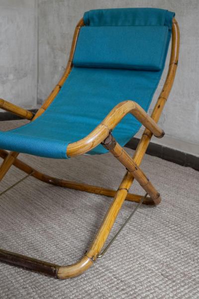 Pair of Foldable Reclining Armchairs In Curved Bamboo Italy 1970s