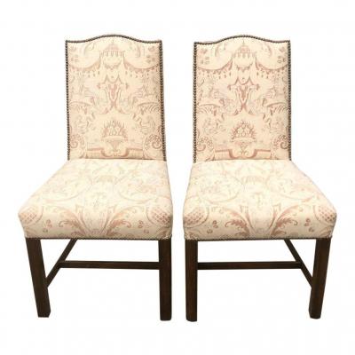 Pair of Fortuny Upholstered Antique Chinese Chippendale Designer Chairs