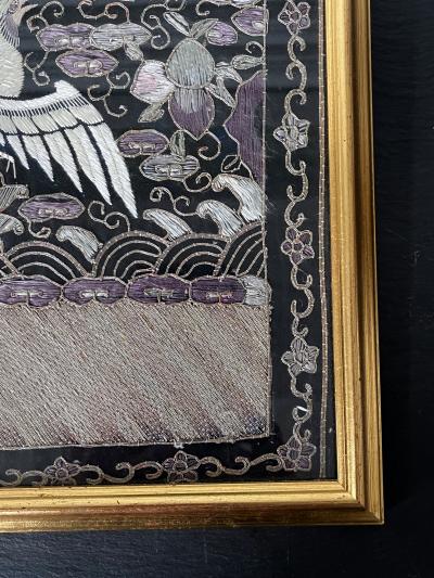 Pair of Framed Chinese Embroidered Ninth Rank Badges Qing Dynasty