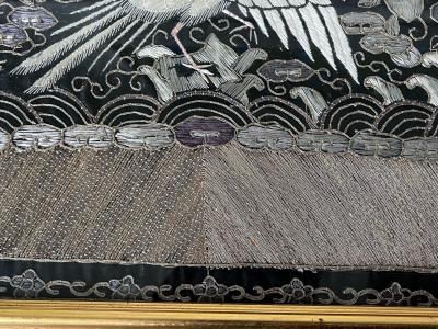 Pair of Framed Chinese Embroidered Ninth Rank Badges Qing Dynasty