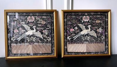 Pair of Framed Chinese Embroidered Ninth Rank Badges Qing Dynasty