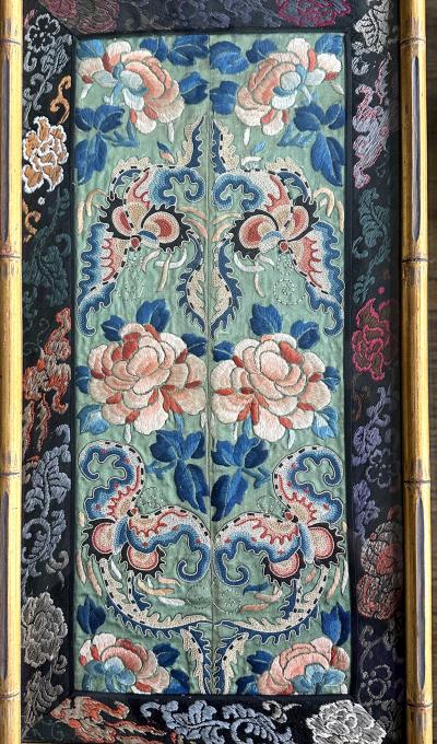 Pair of Framed Fine Chinese Antique Embroidery Panels with Forbidden Knots