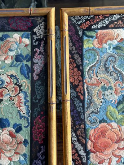 Pair of Framed Fine Chinese Antique Embroidery Panels with Forbidden Knots