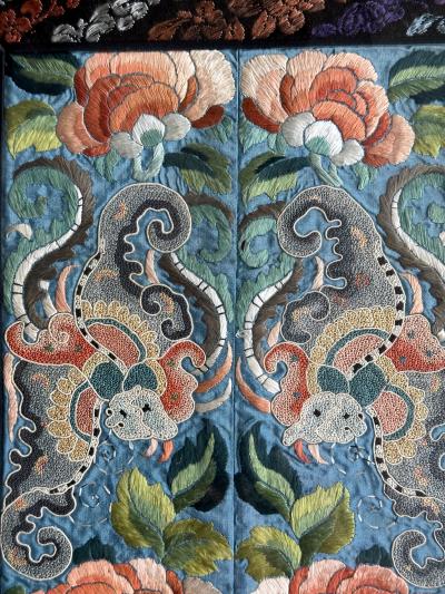 Pair of Framed Fine Chinese Antique Embroidery Panels with Forbidden Knots