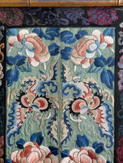 Pair of Framed Fine Chinese Antique Embroidery Panels with Forbidden Knots