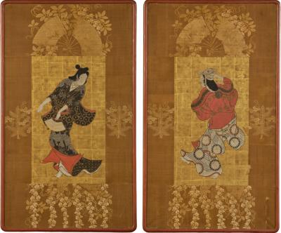 Pair of Framed Single Panels Hikone Ukiyo e Style Dancers