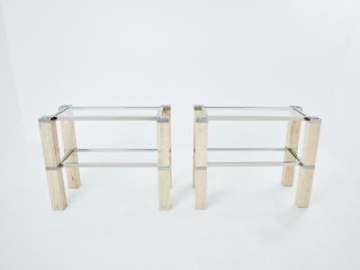 Pair of Fran ois Catroux chrome and travertine console tables 1973