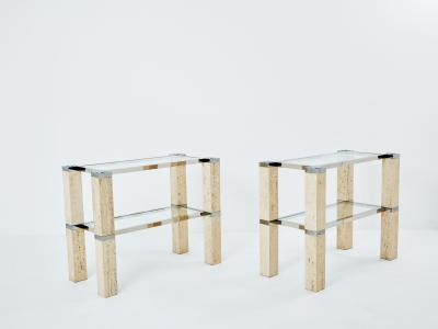 Pair of Fran ois Catroux chrome and travertine console tables 1973