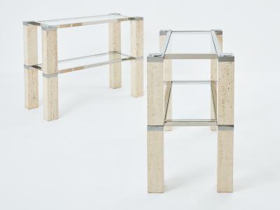 Pair of Fran ois Catroux chrome and travertine console tables 1973