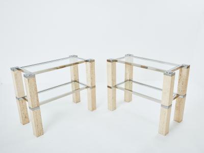 Pair of Fran ois Catroux chrome and travertine console tables 1973